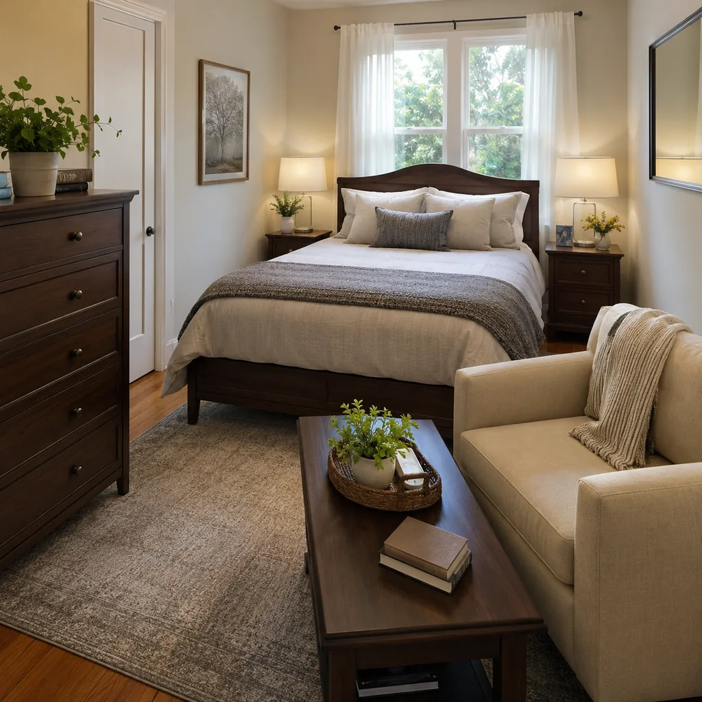 Realistic editorial photo of a compact American bedroom with bed, nightstands, window, dresser, and tight walkways showing coffee table that fits the sofa