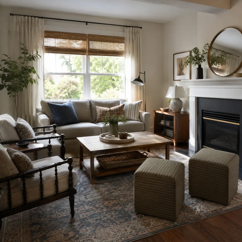 Realistic editorial photo of a compact living room with sofa, chairs, rug, coffee table, and window light showing ottomans that can move when needed