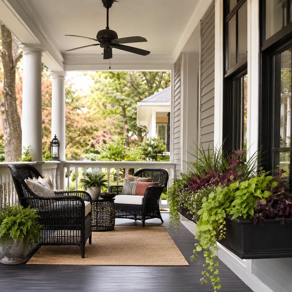 Realistic editorial photo of a covered porch with chairs, ceiling fan, plants, side tables, rug, and outdoor living details showing window boxes with enough vol