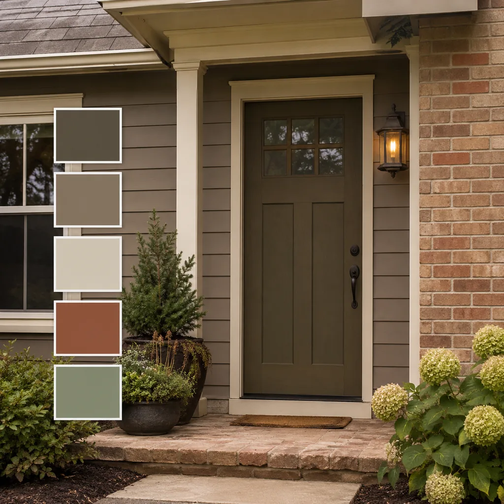 Realistic editorial photo of a front entry with door paint samples, brick, siding, plants, and trim showing earth tones used without fresh contrast