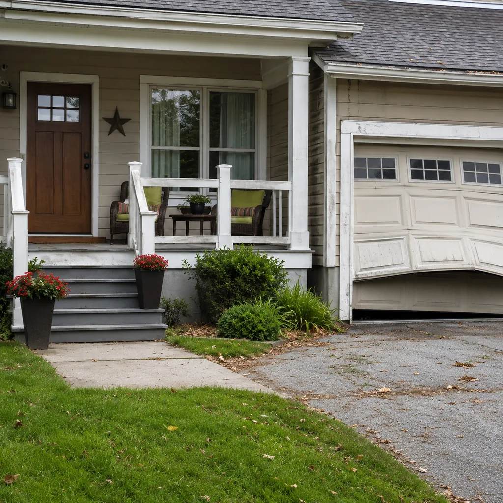 Realistic editorial photo of a front porch prepared for a home showing with steps, door, railings, seating, and curb appeal issues showing garage door that soun