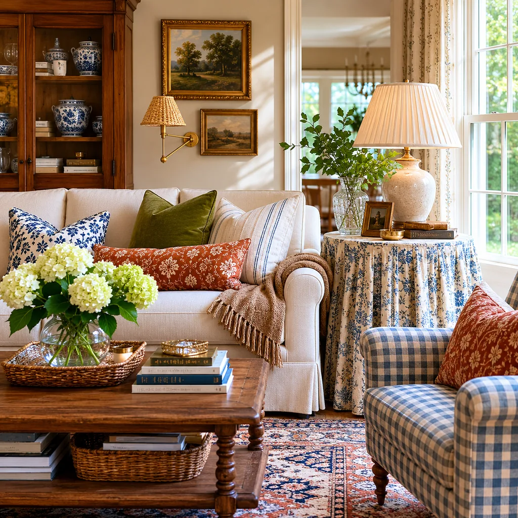 Realistic editorial photo of a home interior with vintage decor, modern furniture, warm wood, patterned accents, and layered lighting showing skirted tables use