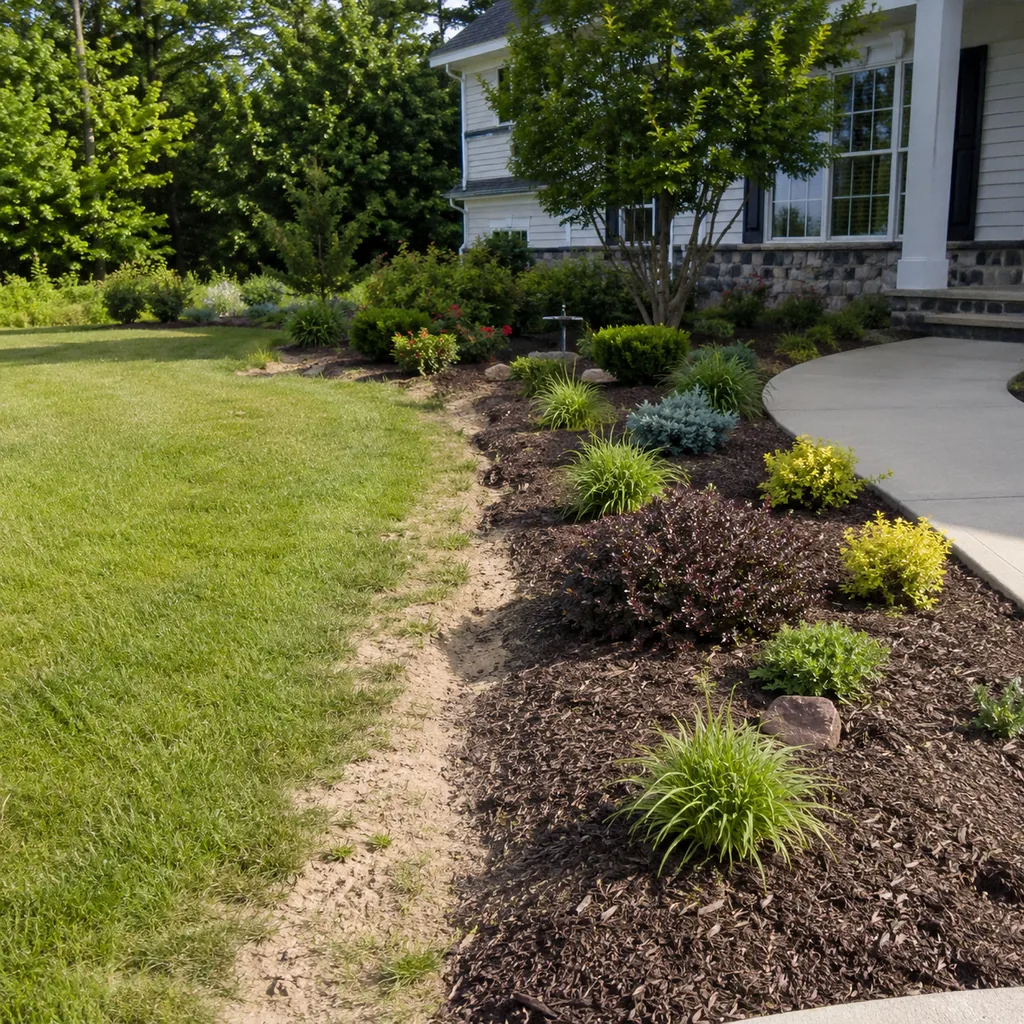 Realistic editorial photo of a landscaped American front yard with lawn, shrubs, mulch beds, trees, walkway, and house exterior showing lawn edge that looks unf