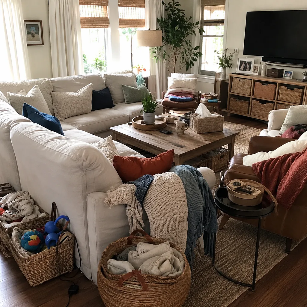 Realistic editorial photo of a living room with crowded surfaces, extra chairs, baskets, blankets, cords, and storage furniture showing extra pillows and throws