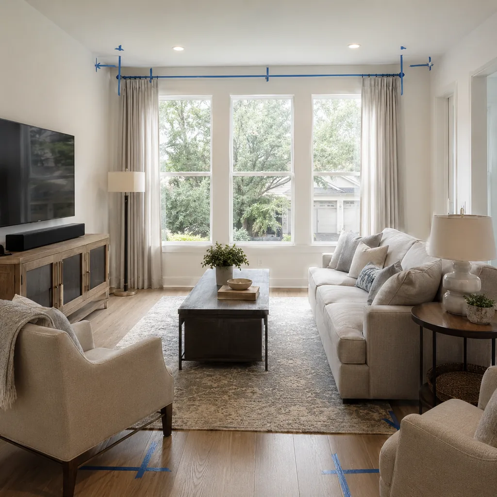 Realistic editorial photo of a living room with sofa, chairs, rug, TV, windows, and taped layout marks showing curtains hung close to the ceiling