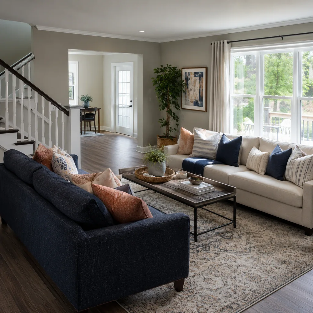 Realistic editorial photo of a living room with sofas in different upholstery colors, pillows, wall paint, and daylight showing color scheme with no quiet resti
