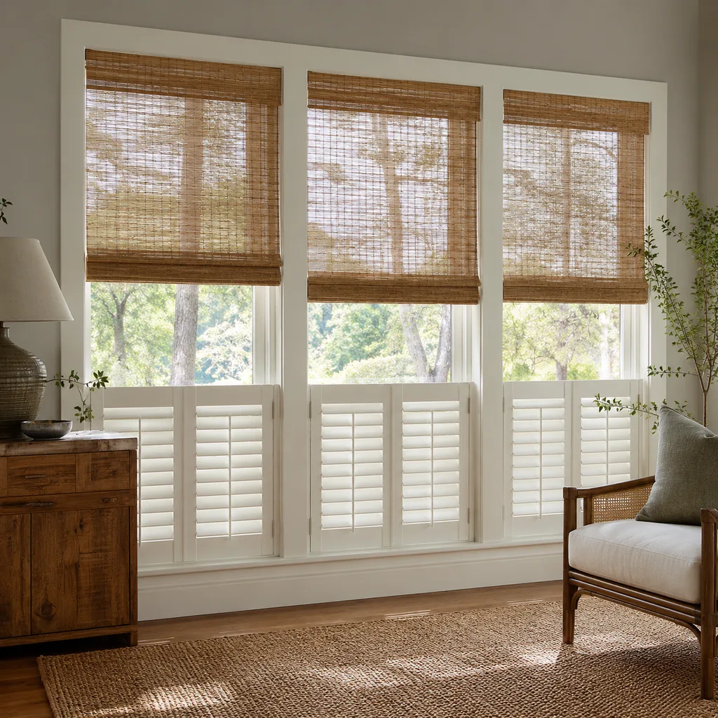 Realistic editorial photo of a room with windows, shades, shutters, woven panels, privacy film, and soft natural light showing bamboo shades without side panels