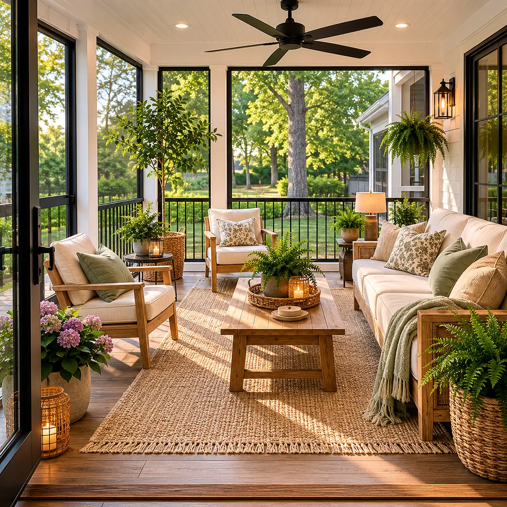 Realistic editorial photo of a screened porch with sofa, chairs, rug, plants, ceiling fan, screens, and soft daylight showing cleaner sightlines around the entr