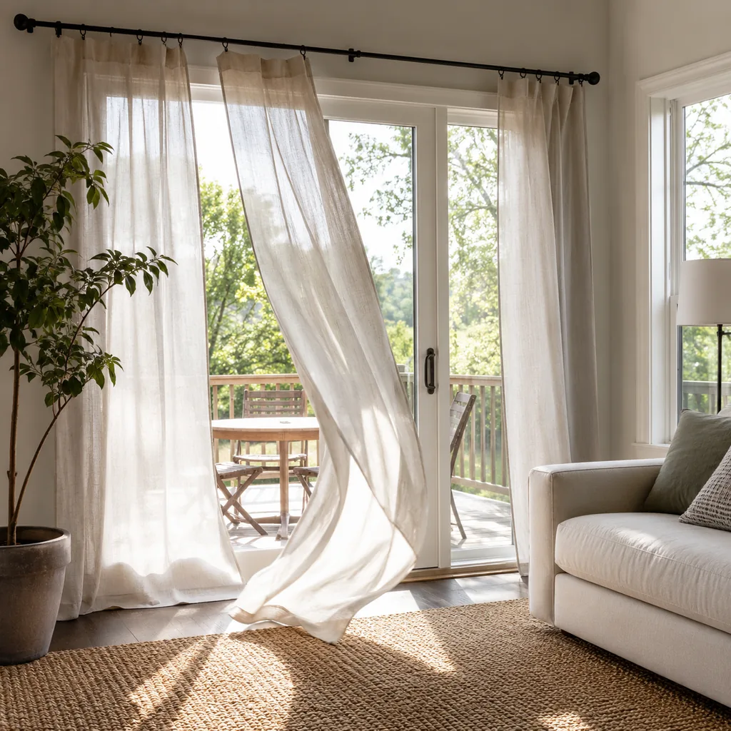 Realistic editorial photo of a small American room with windows, curtains, rods