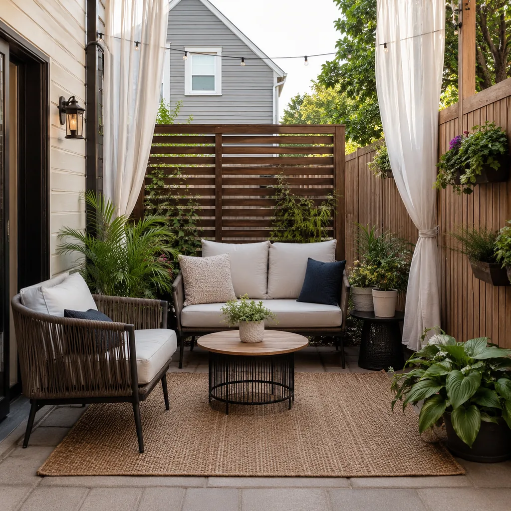 Realistic editorial photo of a small patio with compact seating, outdoor rug, plants, side table, curtains, and privacy screen showing narrow side yard ignored