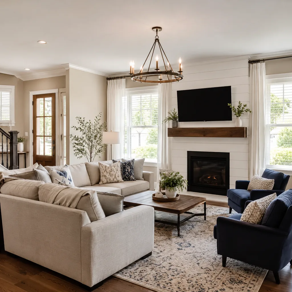 Realistic editorial photo of a staged American living room with sofa, rug, windows, lighting, and buyer-facing details showing sofa that does not swallow the fl
