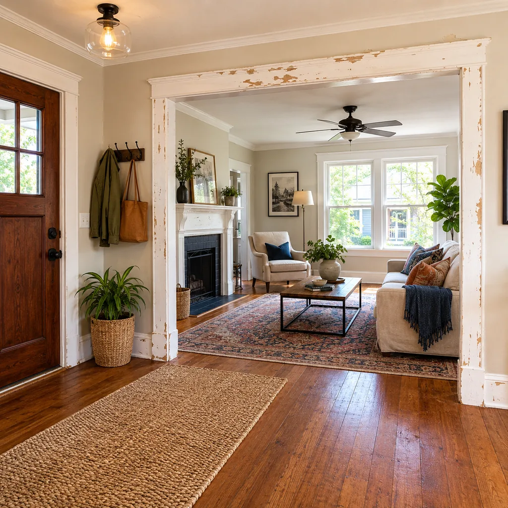 Realistic editorial photo of a staged home interior with living room, entry, lighting, furniture placement, and listing-photo details showing peeling paint on t