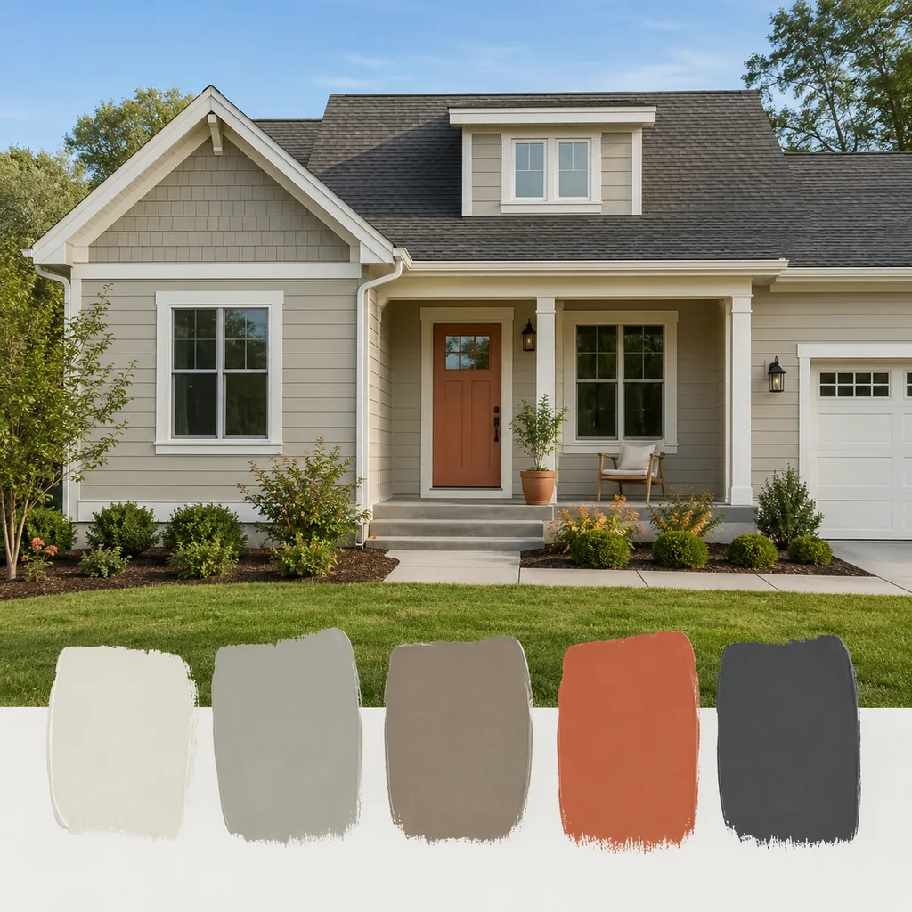 Realistic editorial photo of a suburban home exterior with siding, trim, roof, front door, lawn, and paint swatches showing terracotta used in small controlled 