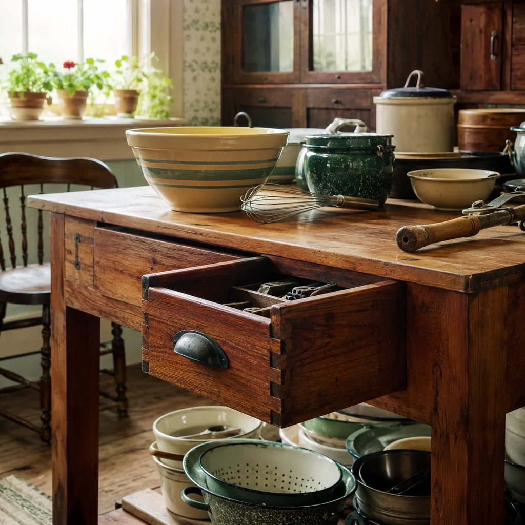 Realistic editorial photo of a vintage kitchen table with bowls, enamel cookware, utensils, tins, and warm window light showing solid wood dovetail drawers