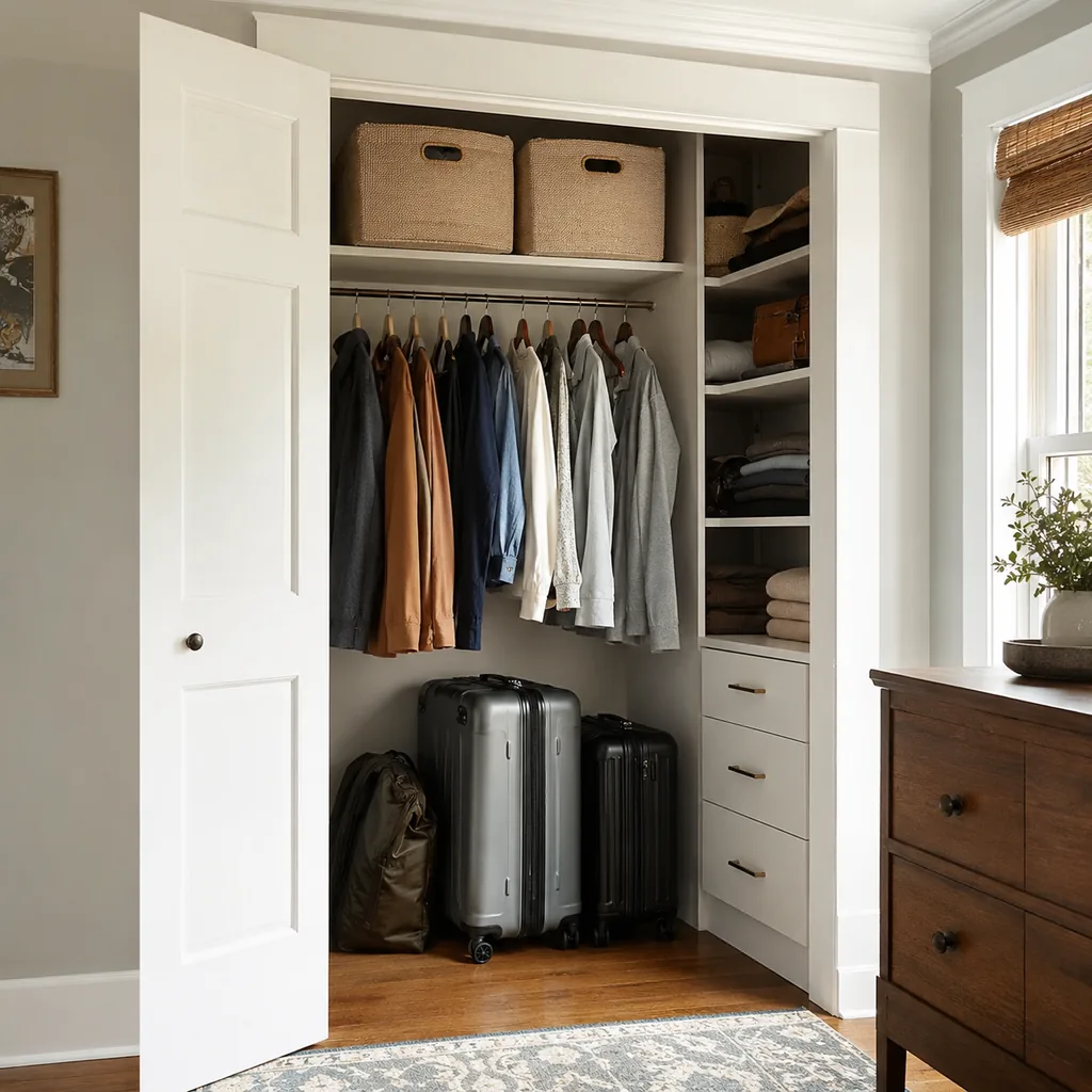 Realistic editorial photo of an American closet showing forgetting luggage