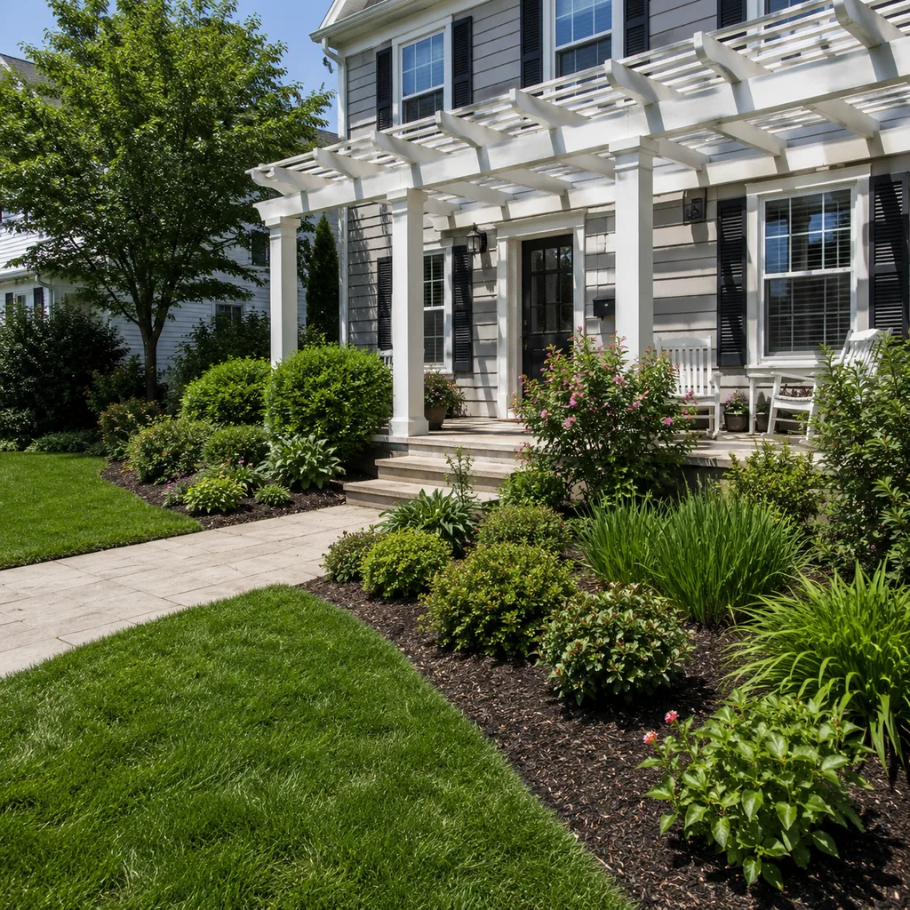 Realistic editorial photo of an American front yard with lawn, shrubs, walkway, mulch beds, trees, and a front porch showing pergola with no real shade strategy