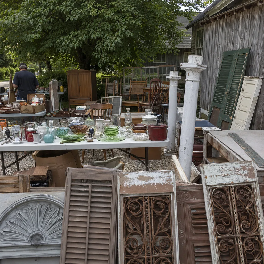Realistic editorial photo of an American garage sale with folding tables, boxes, old kitchen items, furniture, and collectibles showing architectural salvage fr