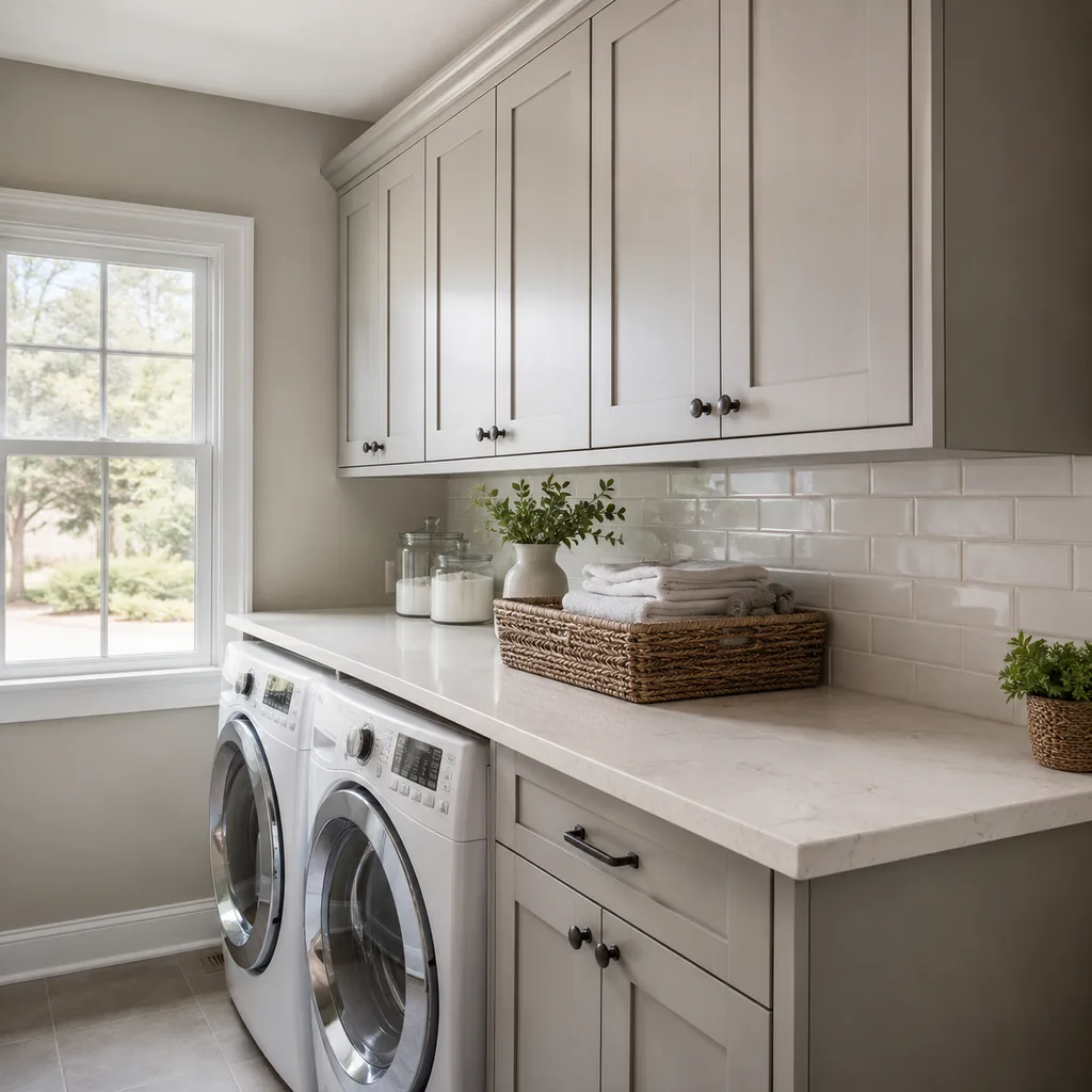Realistic editorial photo of an American laundry room showing making upper cabinets deep
