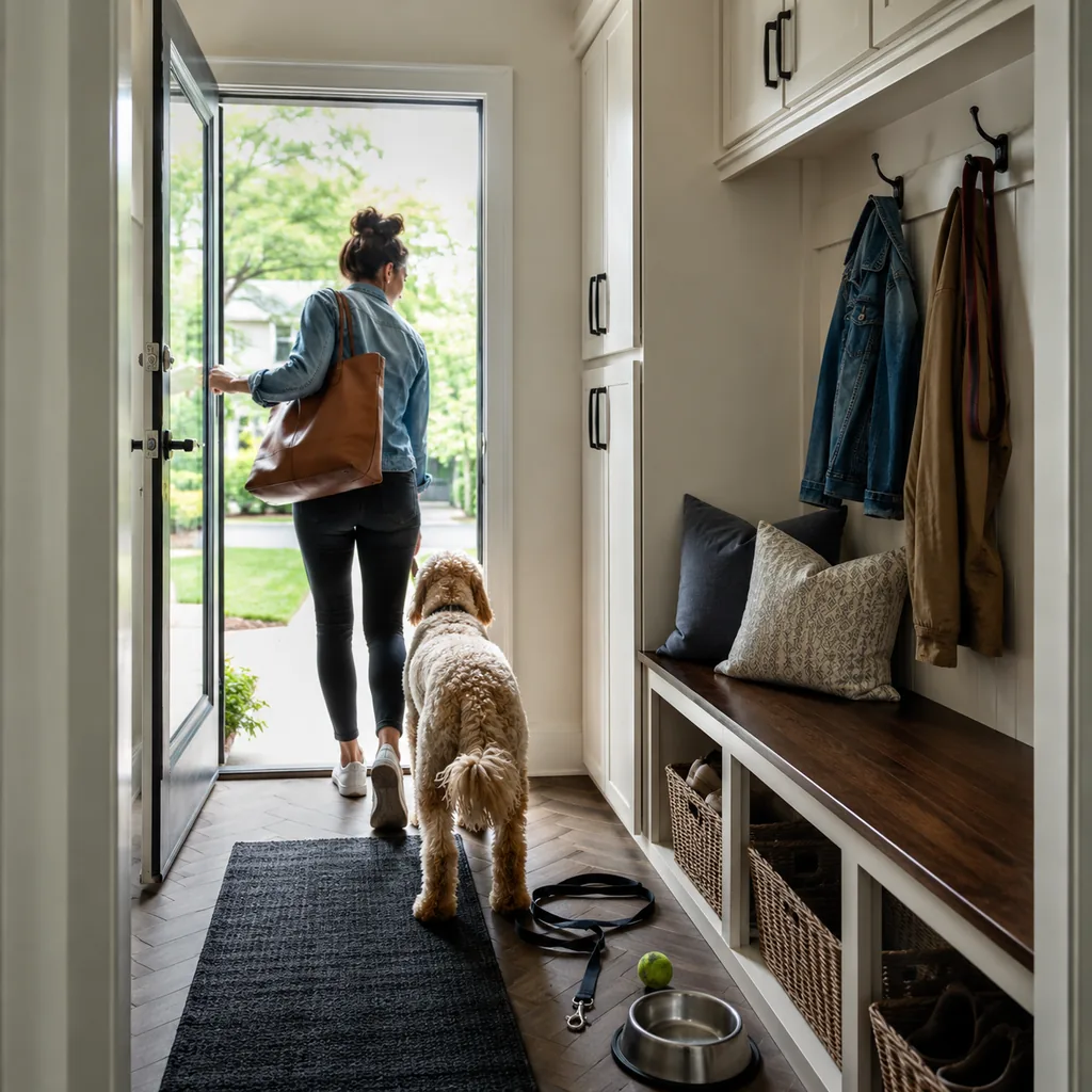 Realistic editorial photo of an American mudroom showing forgetting pet gear
