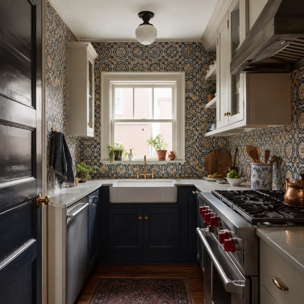 Realistic editorial photo of an American small kitchen showing using busy backsplash everywhere