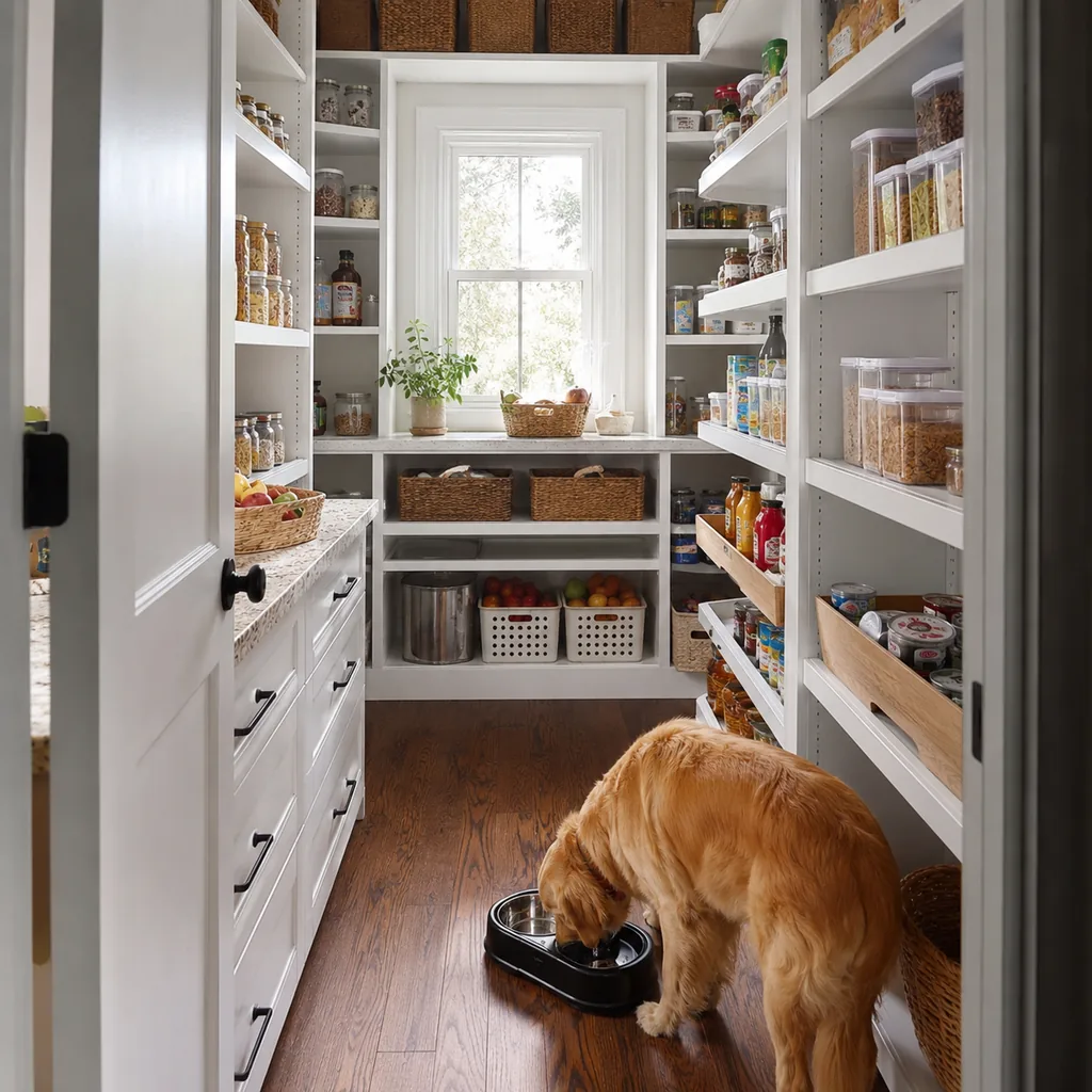 Realistic editorial photo of an American walk-in pantry showing ignoring pet food storage