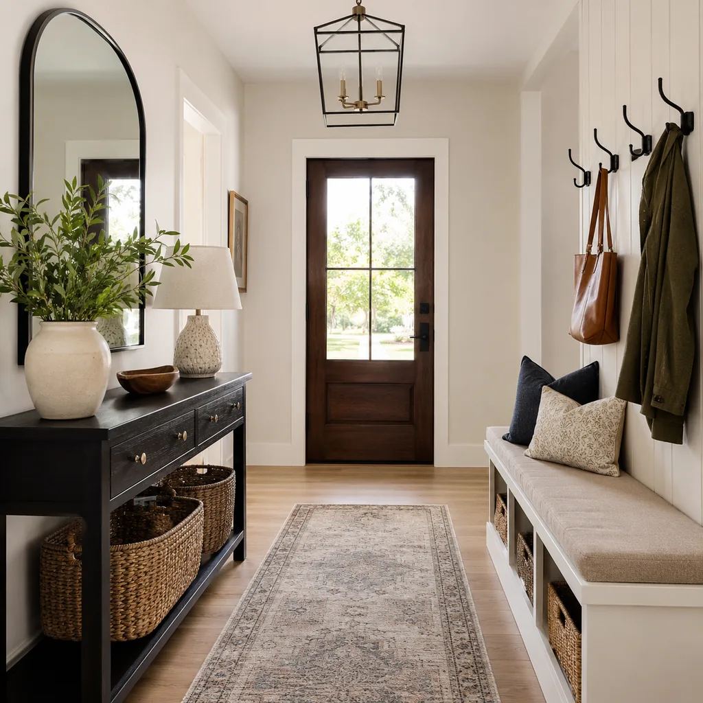 Realistic editorial photo of an entryway with console table, mirror, bench, hooks, rug, lighting, and storage showing bench that adds storage and shape