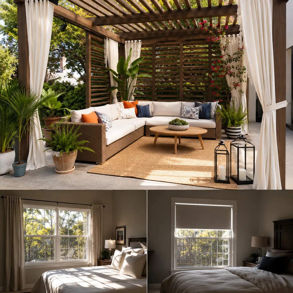 Realistic editorial photo of an outdoor patio with pergola curtains, seating, plants, fabric panels, and sunlight showing bedroom without blackout where needed