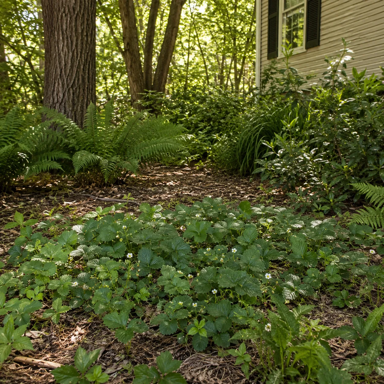 Realistic editorial photo of Barren strawberry growing in dry shady side yard under mature trees planted with shade tole