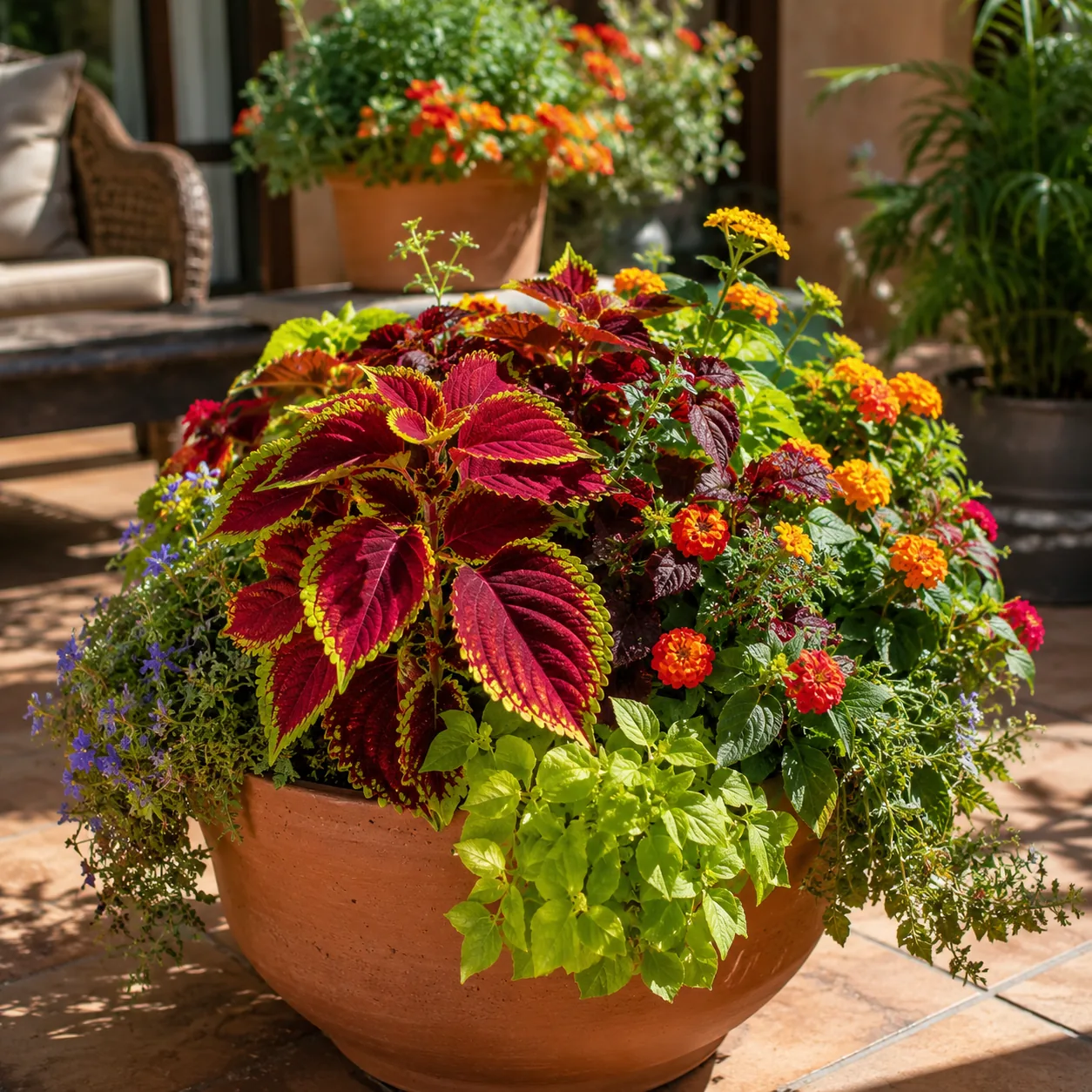 Realistic editorial photo of Coleus for bright shade growing in sunny patio containers with heat tolerant flowering plan