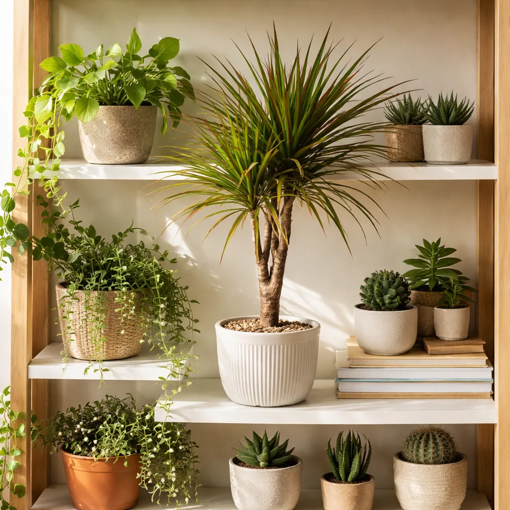Realistic editorial photo of Dracaena marginata growing in bright indoor shelf with low maintenance houseplants, realist