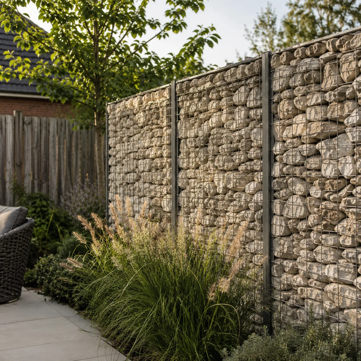 Realistic editorial photo of gabion basket divider in an ordinary backyard needing privacy, realistic editorial photo, n