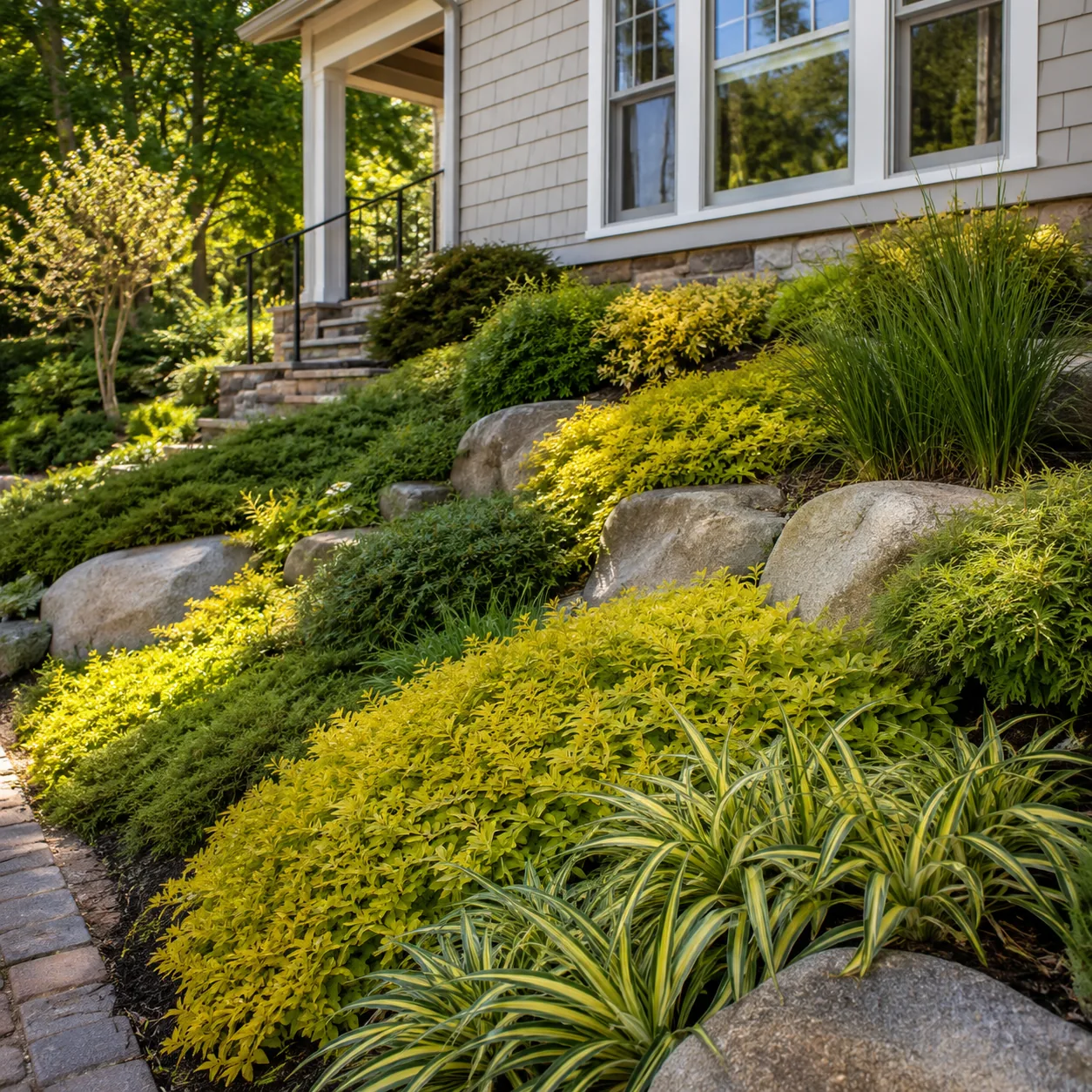 Realistic editorial photo of Green and gold growing in sloped front yard planted with controlled ground covers, realisti