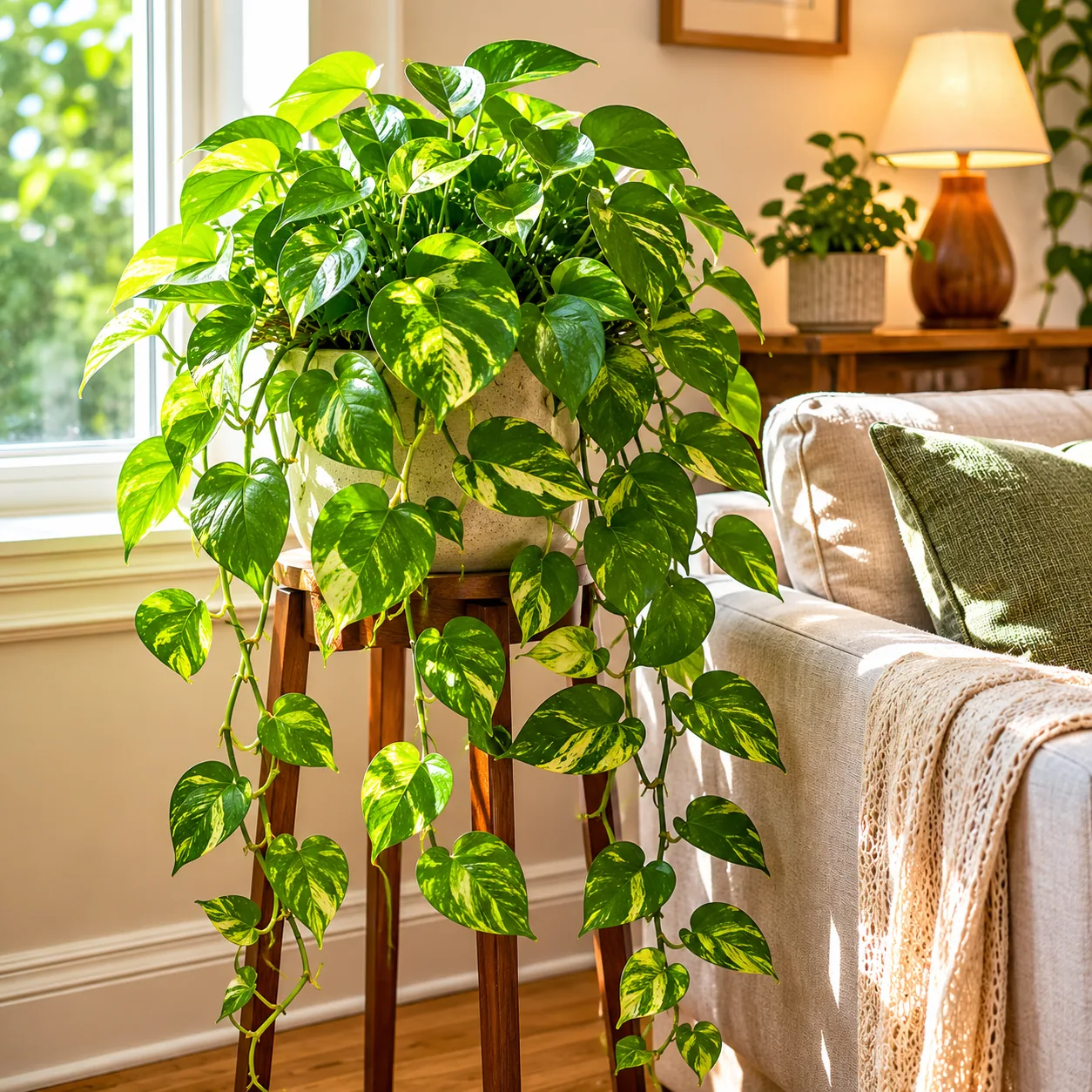 Realistic editorial photo of healthy pothos settled in one bright living room corner, warm natural light, practical home
