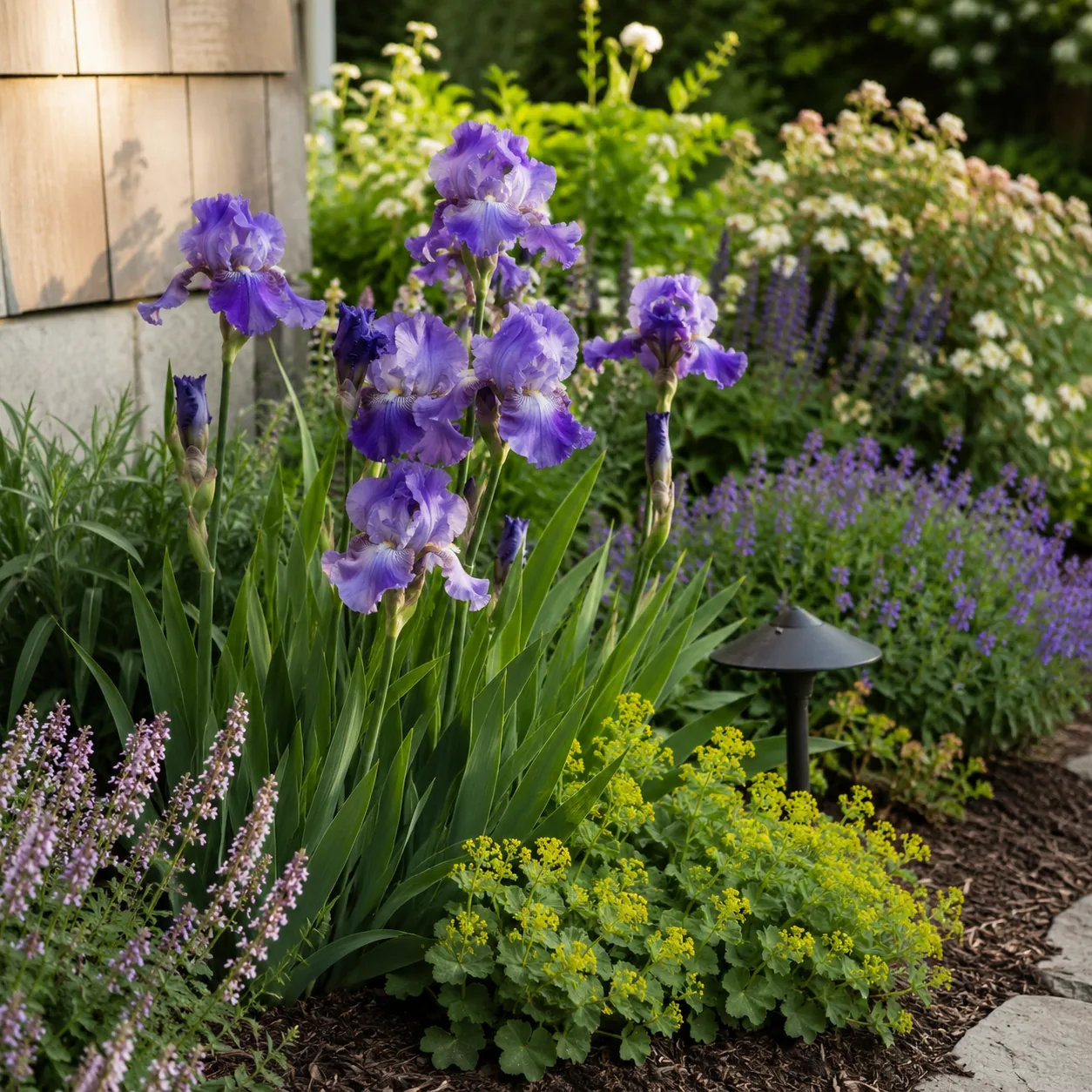 Realistic editorial photo of Iris growing in front yard border with deer resistant flowering plants, realistic editorial