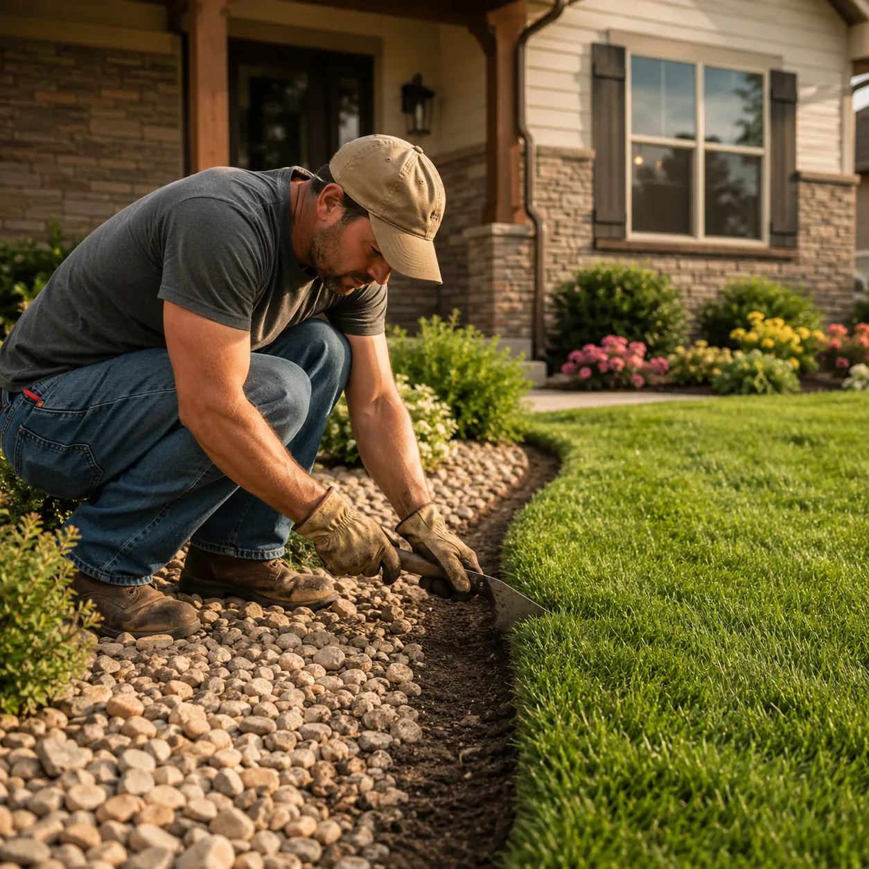Realistic editorial photo of keep lawn edges sharp in polished suburban front yard, realistic editorial photo, natural l
