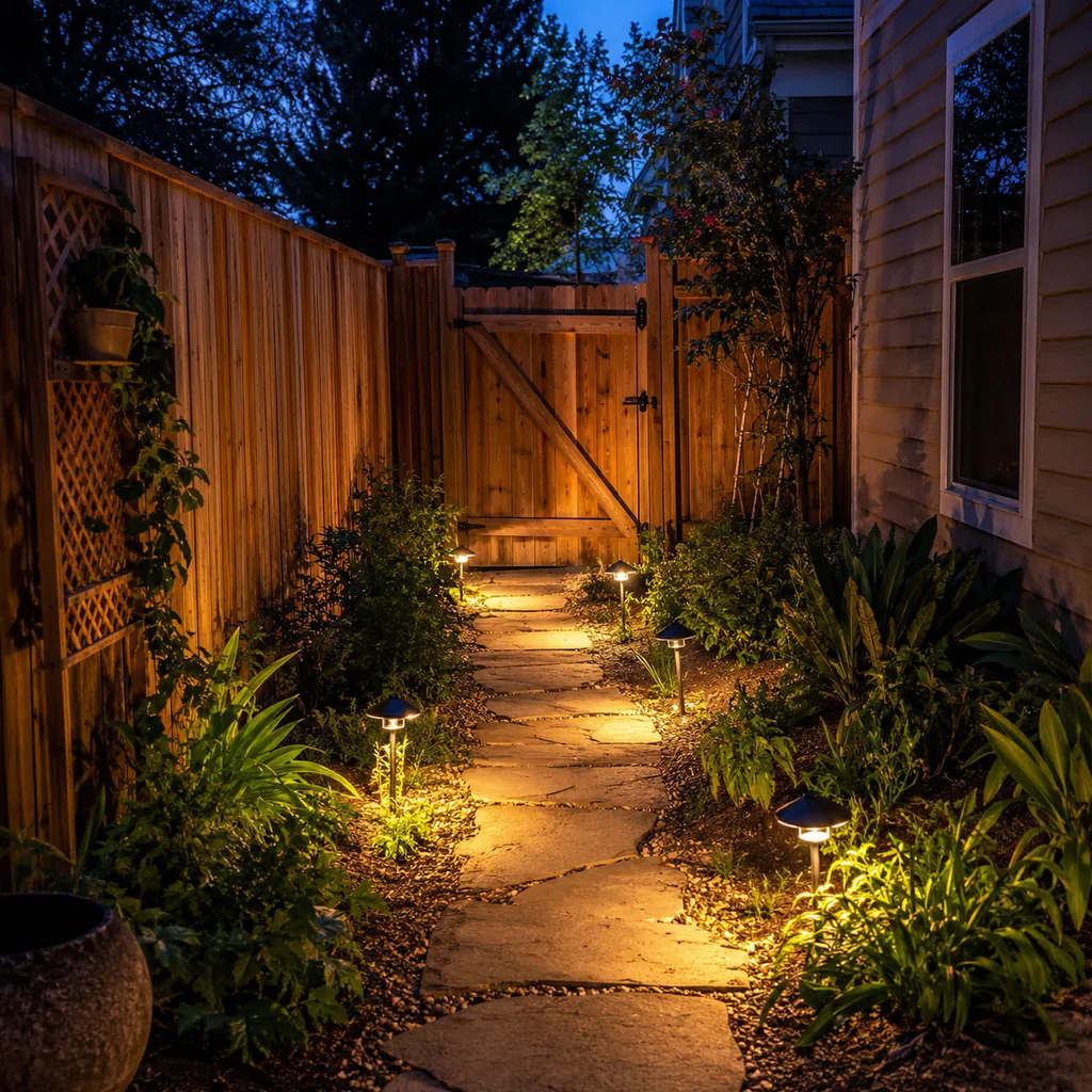 Realistic editorial photo of layer lights at low height in small fenced backyard, realistic editorial photo, natural lig