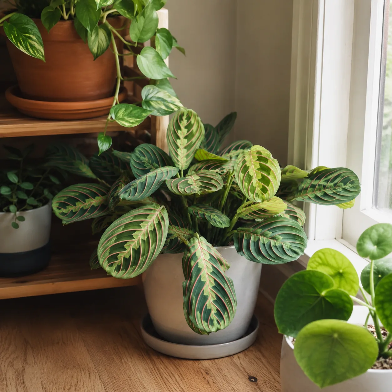 Realistic editorial photo of Maranta prayer plant growing in low light room corner with houseplants near a window, reali