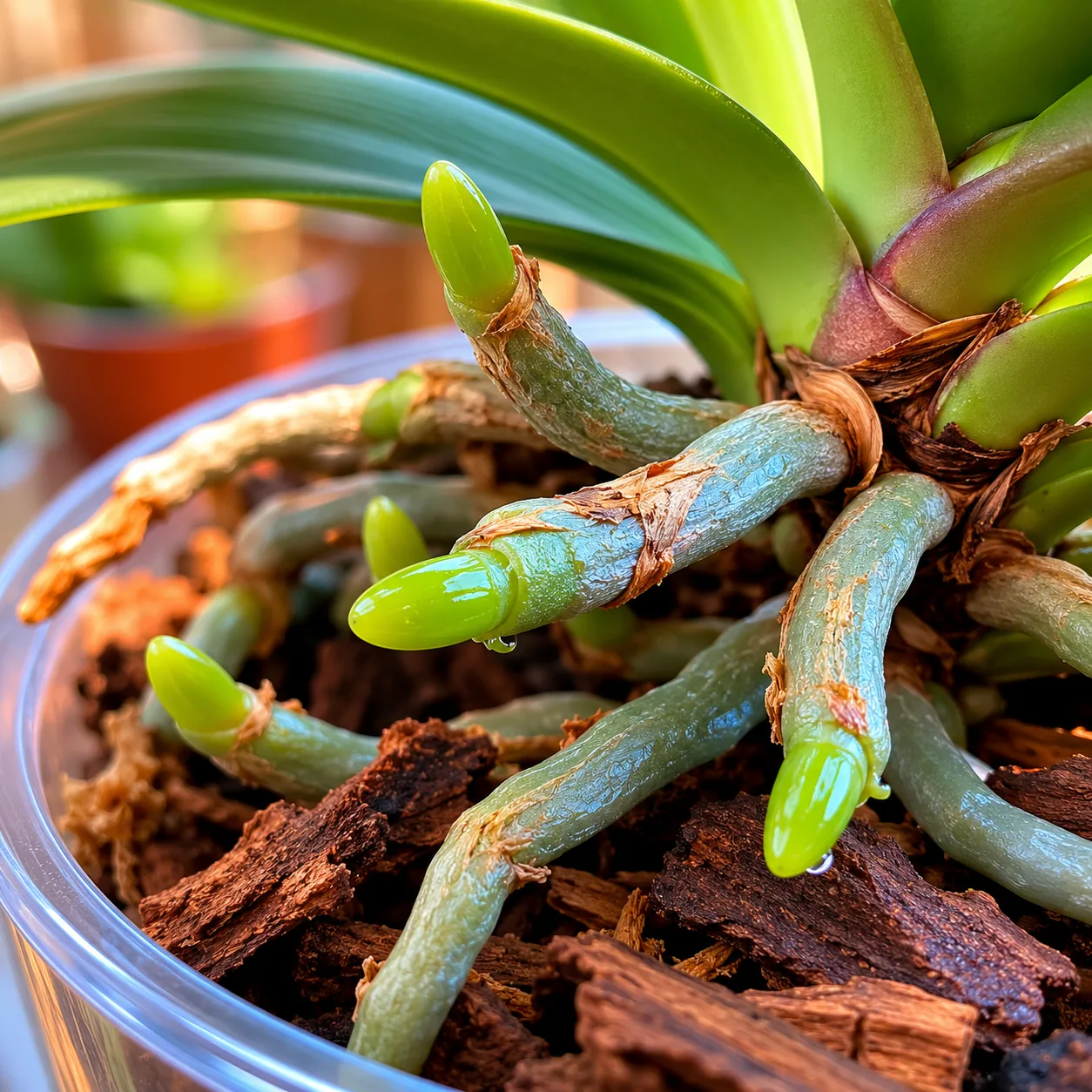 Realistic editorial photo of new green root tips emerging from orchid pot, warm natural light, practical home gardening 