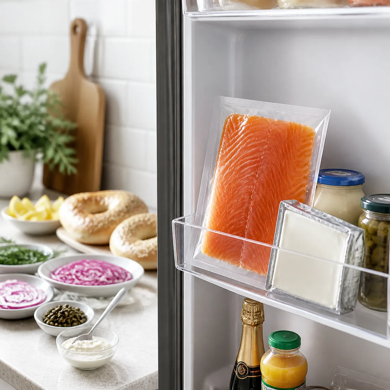 Realistic editorial photo of smoked salmon package sitting in a refrigerator door compartment near cream cheese, brunch 