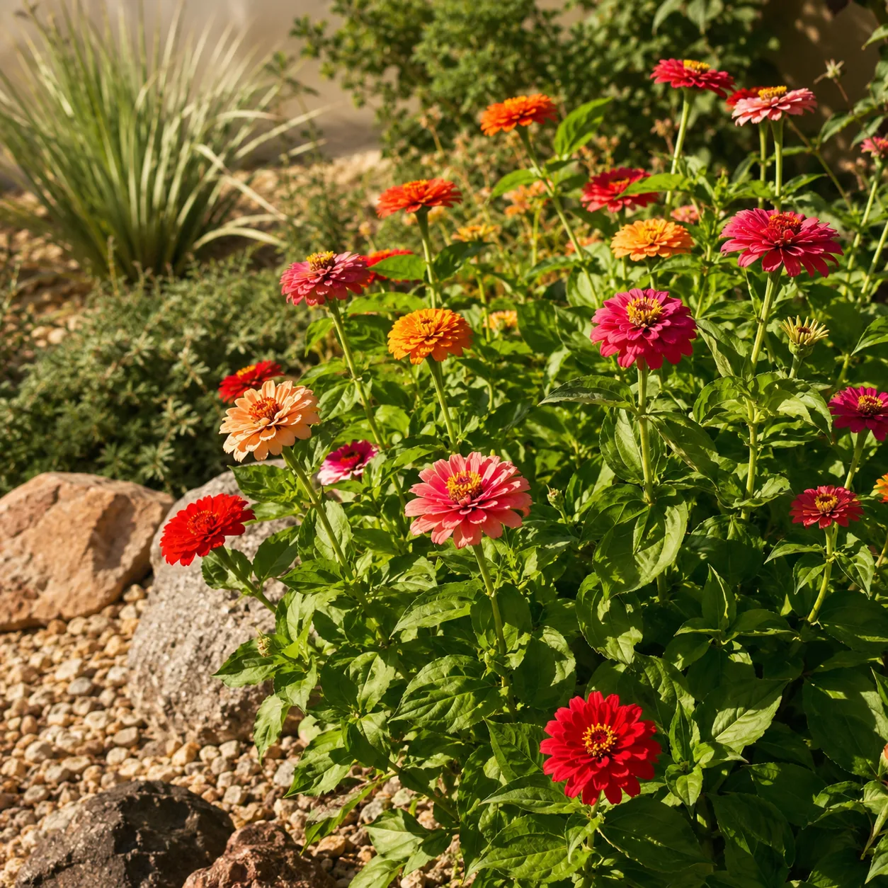 Realistic editorial photo of Zinnia growing in sunny drought tolerant flower bed in summer heat, realistic editorial pho