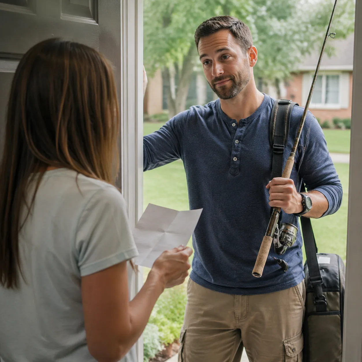 Realistic lifestyle photo of a husband holding a fishing rod or golf club at the front door while his wife holds a list 