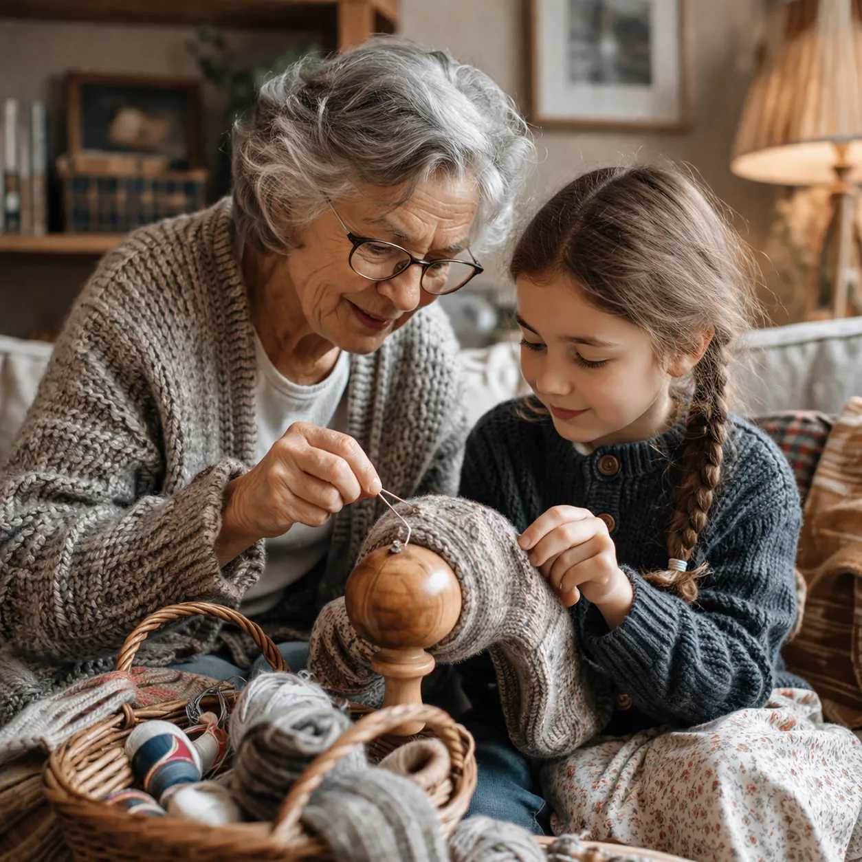 Warm editorial photo of a grandmother teaching her granddaughter to darn a sock on a wooden darning egg, basket of mendi