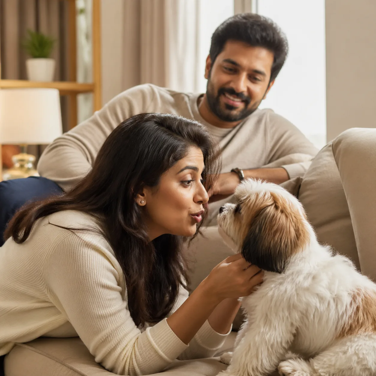 Warm realistic photo of a wife talking sweetly to a small dog on a sofa while husband watches amused, cozy living room, 