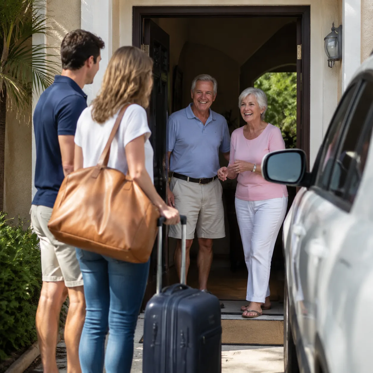 adult children visiting retired parents in Florida home with luggage and guest parking pass, realistic editorial lifesty