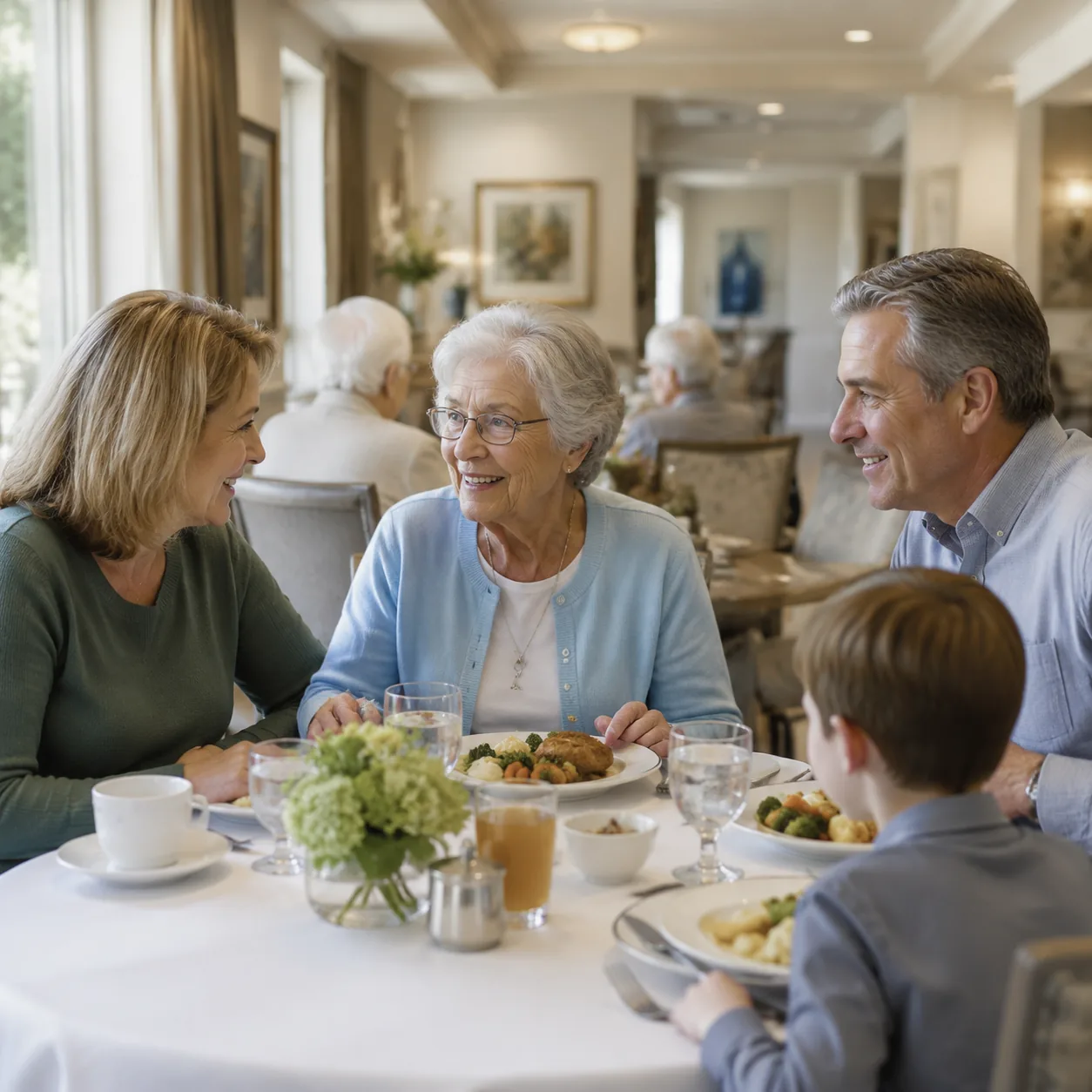 family dining with older resident in assisted living dining room, realistic editorial lifestyle photography for American