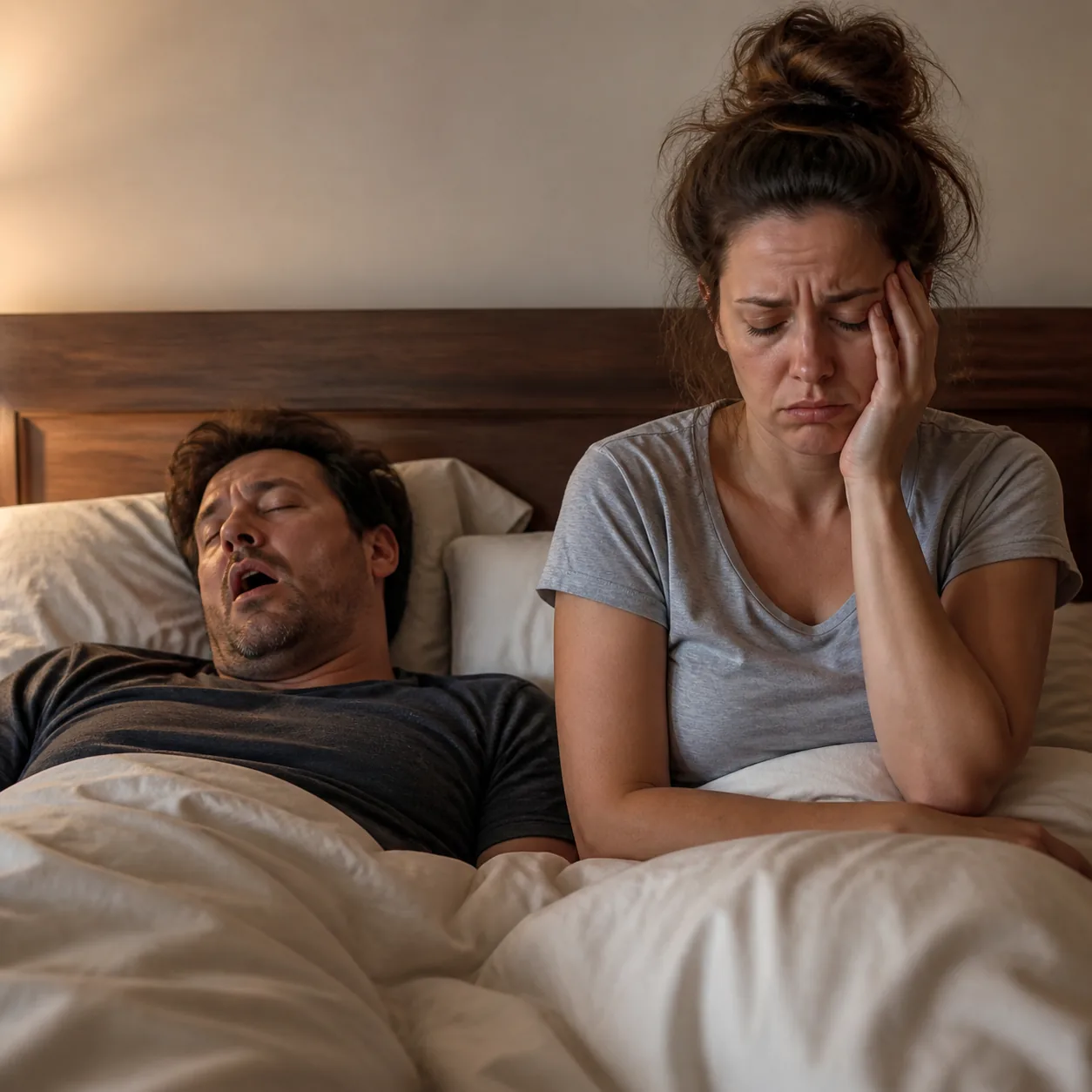 Funny realistic lifestyle photo of a husband sleeping with mouth open snoring loudly while his wife sits up in bed exhau