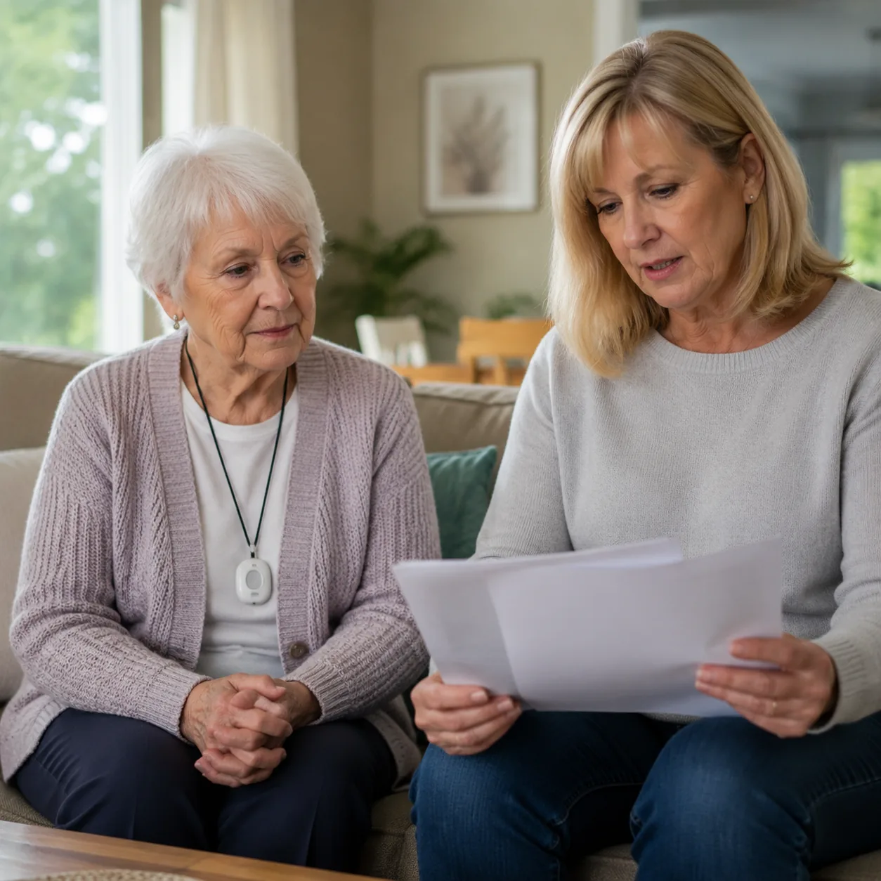 older resident wearing emergency pendant while adult child reads assisted living equipment agreement, realistic editoria