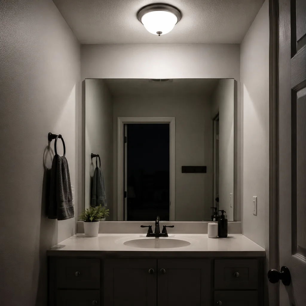 Realistic editorial photo of a bathroom vanity lit only by a harsh overhead ceiling fixture, shadows on mirror and sink area