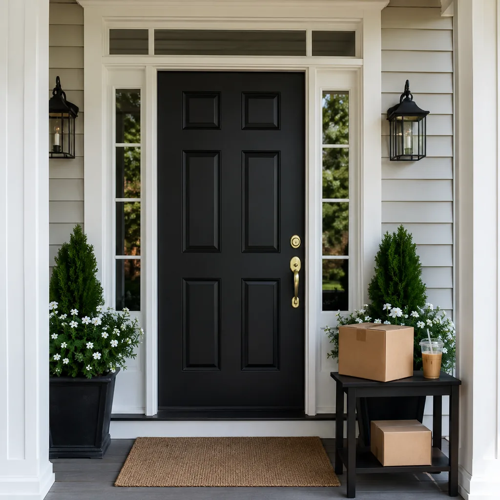 Realistic editorial photo of a black front door on an American home with trim, planters, hardware, and porch details showing small table for packages and drinks