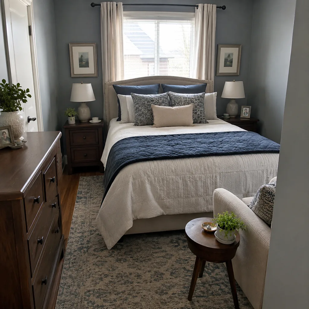 Realistic editorial photo of a compact American bedroom with bed, nightstands, window, dresser, and tight walkways showing side tables within reach of seats
